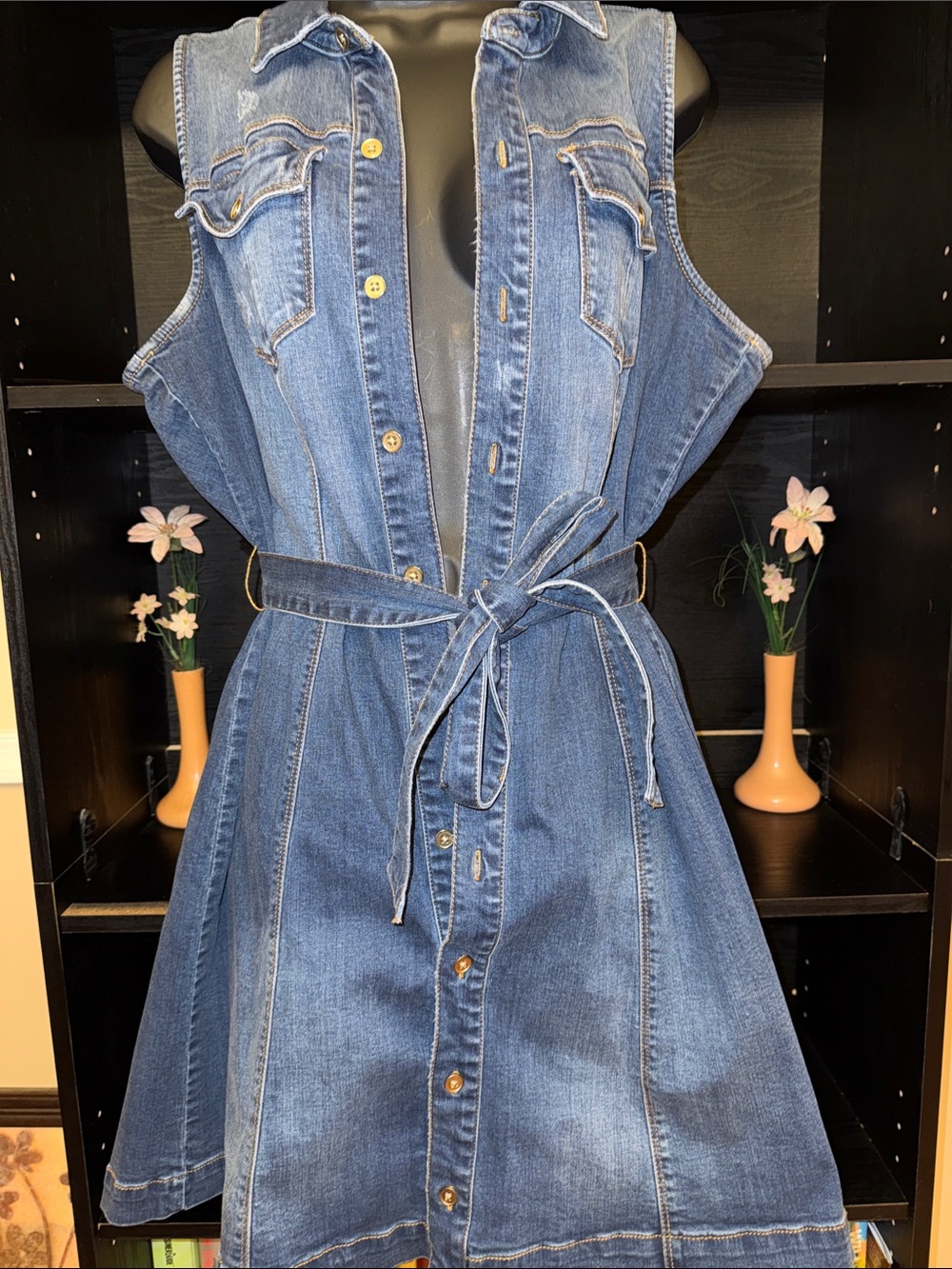 Bebe Sleeveless Distressed Denim Shirt Dress with Tie Belt - Blue